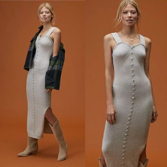 Anthropologie Joslin Slim Midi Dress Gray Linen Cotton Blend Knit M Medium NWT - Picture 1 of 6